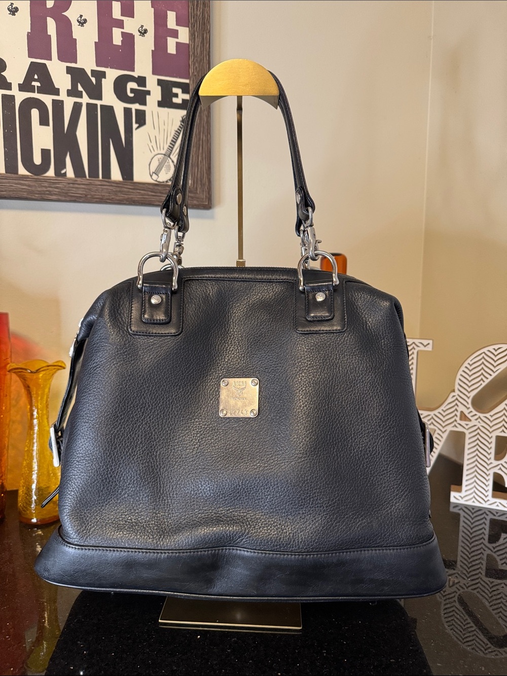 MCM Black Pebbled Leather Satchel with Silver Hardware